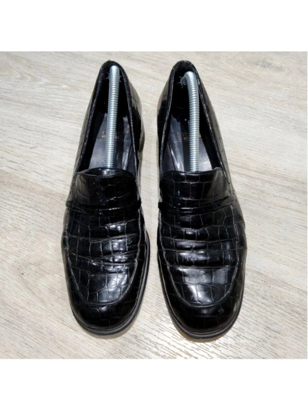 Stuart Weitzman Shoes Womens 7 Black Croc Embossed Loafer Flats Slip On Casual
